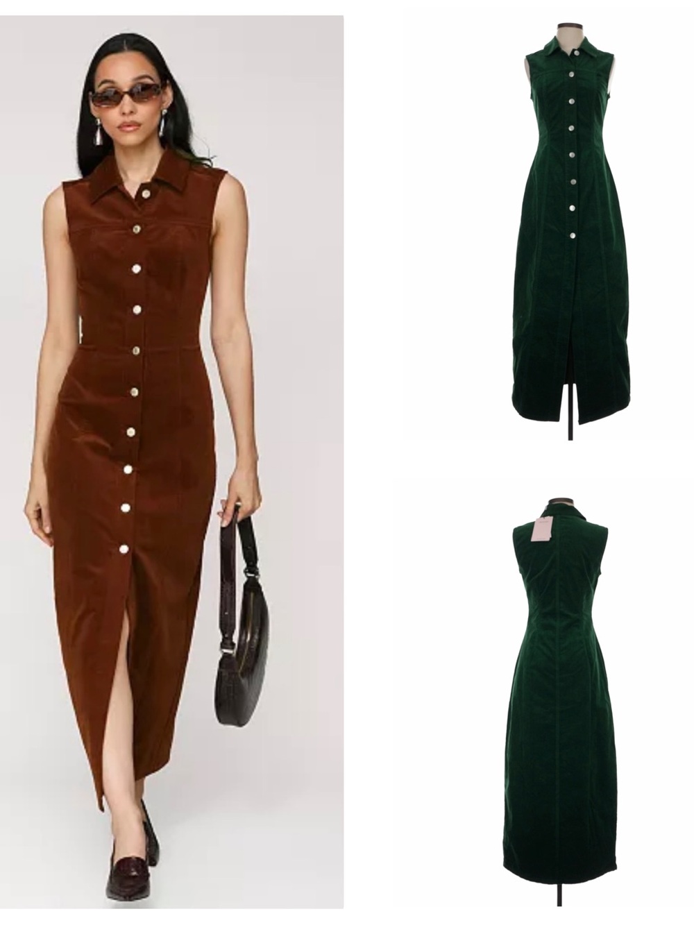 Avec Les Filles Sleeveless Button-Front Corduroy Maxi Dress in Emerald Green 4